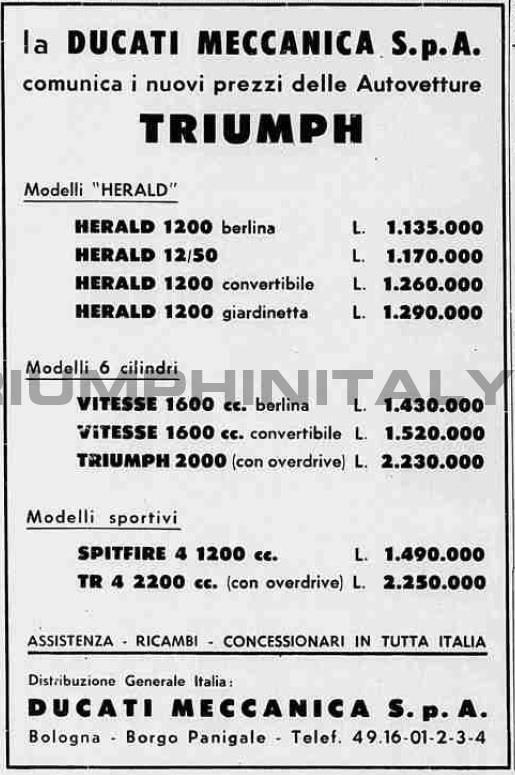 La Ducati Meccanica S.p.A. comunica i nuovi prezzi delle autovetture Triumph